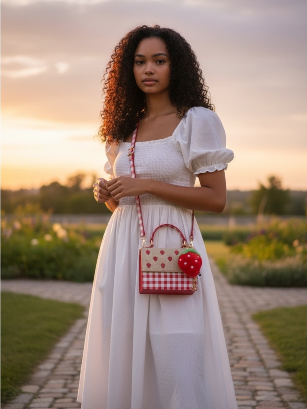 Betsey Johnson Red Gingham Strawberry Charm Crossbody Bag - Picture 6 of 16